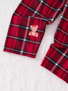 女宝宝小熊格子图案海军蓝长袖上衣和裤子睡衣套装 - 寶藍色 - 查看 3