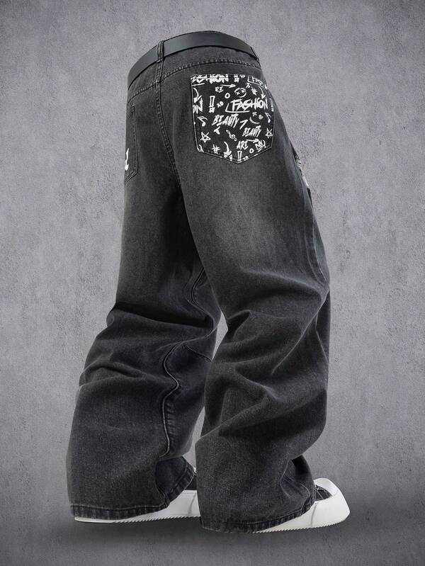 Manfinity Denimwave Men's Loose Casual Back Pocket Letter Print Washed Denim Wide Leg Pants