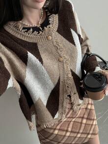 Livesso Women's Contrast Color Minimalist Casual Long Sleeve Cardigan Vacation - Brown - View 6