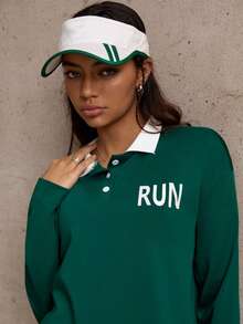 Gameset SHEIN Sport 女士字母印花落肩长袖运动Polo衫 - 綠色 - 查看 6