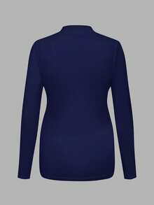 Modmama Maternity Solid Color Stand Collar Long Sleeve Pleated Slim Casual T-Shirt - Navy Blue - View 9