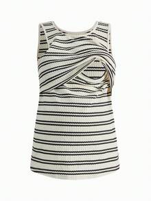 SHEIN 哺乳圆领无袖条纹华夫格休闲舒适上衣 - 杏色 - 查看 8