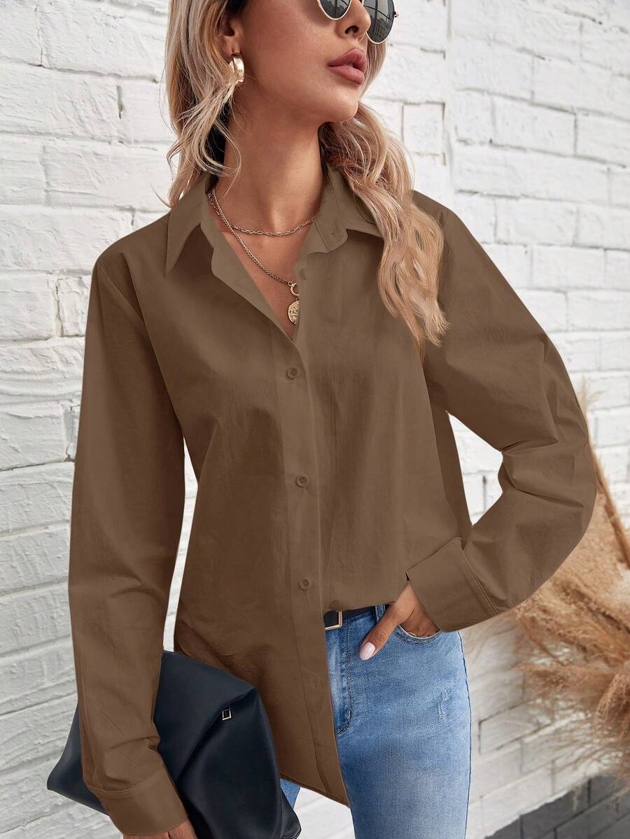 SHEIN Frenchy Damen Einfarbiges Langarm Einreiher Lässig/Business Hemd - Kaffeebraun - Übersicht 1