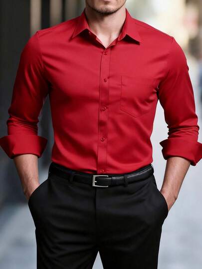 Manfinity Mode Plusstorlek herrskjorta med lång ärm och enkelknäppt tryck