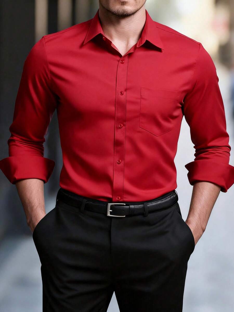 Manfinity Mode Plus Size Men's Solid Color Single-Breasted Casual Long Sleeve Shirt