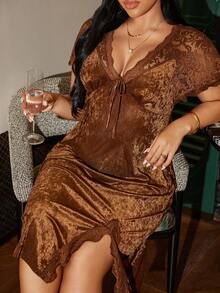 SilkySpell Plus Size Women Sexy Lace & Velvet Nightgown - Brown - View 3