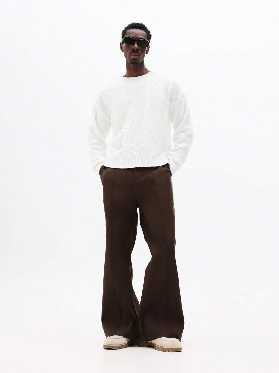 SUMWON 修身喇叭裤，褶裥设计，阔腿廓形，适合办公室穿着 - 棕色 - 查看 1