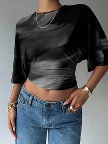 Aloruh Casual Women's Round Neck Short Sleeve Ruched Cropped T-Shirt - Dark Grey - View 5