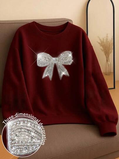 Resyla Shiny Bow Decor Fashionable Minimalist Women Crew Neck Regular Long Sleeve Sweatshirt, Gift For Friends, Autumn/Winter, Christmas