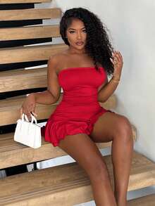 Alexandranx 褶皱下摆露肩连体裤新年服装 - 紅色 - 查看 6