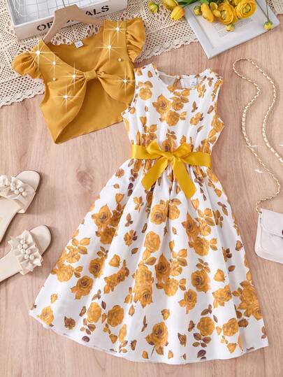 SHEIN 2pcs/Set Tween Girl Elegant Cap Sleeve Beaded Top And Floral Print Dress With Belt, Suitable For Spring/Summer,Holiday,Summer,Travel
