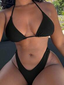 Alexandranx V-Neck Halter Bikini Set, Two Pieces Swimwear Bathing Suit Beach Outfit Summer Vacation,Summer Beach - Black - View 3