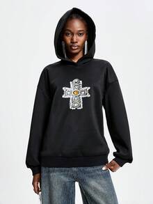 Aveloria GENKIRA Solid Color Studded Cross Loose Casual Women Sweatshirt - Black - View 3
