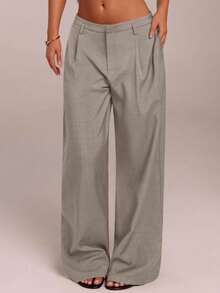 SHEIN Forever 21 Quần ống rộng cạp thấp màu trơn thời trang đa năng dành cho nữ - Màu Khaki - Xem 3