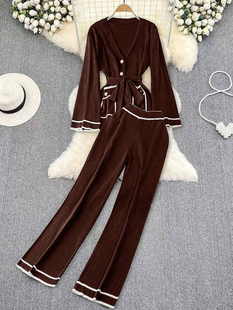 DreamSkyne Kontrastfarbiges, minimalistisches Langarm-Top und Hosen Pullover Set in Große Größen, Alltagskleidung