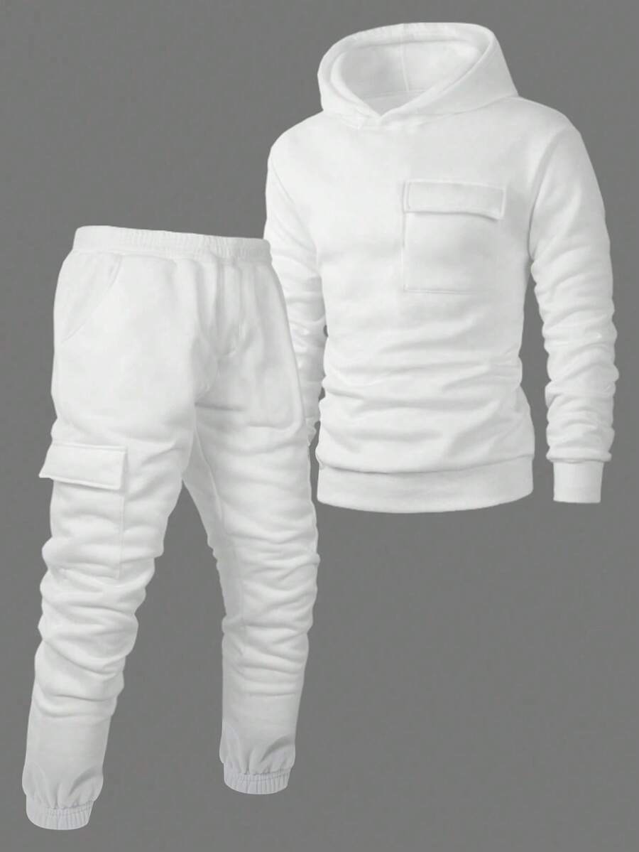 SHEIN 2件組兒童/青少年男孩白色套裝,純色冬季連帽衛衣與運動長褲,休閒秋季度假穿搭,舒適秋季校園、運動、日常服飾 - 白色 - 查看 1
