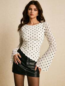 Poéselle Women's Elegant Commuter Polka Dot Flare Sleeve Asymmetric Hem T-Shirt Full Sleeve Tops Bell Sleeves Polkadot Top Romwe Tops Bell Sleeves Top,Fall,Fall Clothes For Women