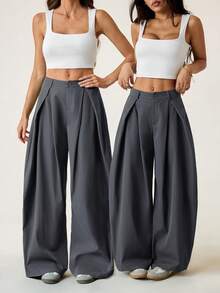 SHEIN PETITE 女士夏季复古休闲街头风外出宽松绿色弧形裤脚长裤 - 深灰色 - 查看 5