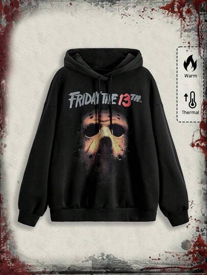 Friday the 13th X ROMWE Sweat-shirt à capuche à manches longues avec graphique de lettre et de masque pour femmes