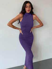 Aloruh Đầm len dáng chữ H dài siêu ngắn cổ lọ cổ cao màu xám phong cách tối giản dành cho người đi làm trẻ trung dạo phố - Màu tím - Xem 5