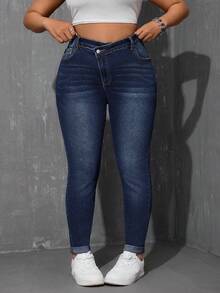 SHEIN ICON Plus Size Fashion Casual Washed Slant Pocket Skinny Jeans - Dark Wash - View 1