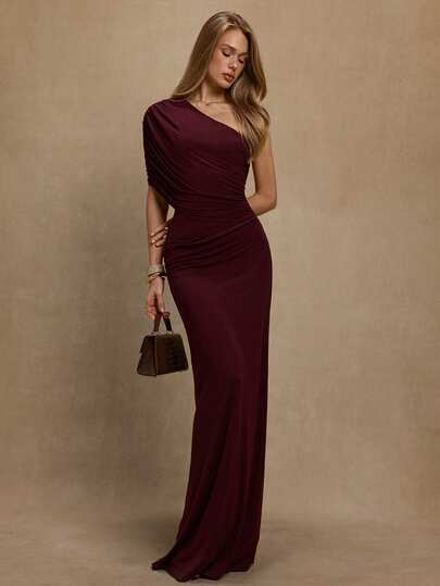 SHEIN BAE Damen Herbst/Winter Einfarbiges Burgunderrotes asymmetrisches Schulter Fischschwanz Enges elegantes Kleid, geeignet für Cocktailparty, romantisches Date, Herbst/Winter Layering, Party, formelle Veranstaltung, Winterkleider für Damen, elegante Kleider für Partys, Kleider für elegante Damen