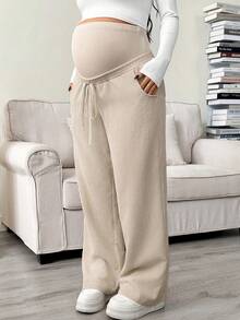 SHEIN 孕妇可调节腰部口袋宽松休闲裤 - 杏色 - 查看 5