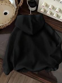 SHEIN EZwear 休闲舒适圣诞仿亮片刺绣姜饼人和蝴蝶结印花连帽宽松运动衫，适合圣诞节、派对、圣诞鹿、圣诞聚会、圣诞派对、家庭聚会、家庭、情侣、姐妹穿着 - 黑色 - 查看 3