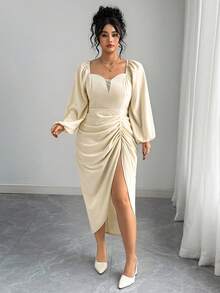 Elenzga Plus Size Women Elegant Romantic Ruffle Hem Slit Waist Fitted Sweetheart Neck Long Sleeve Dress, Autumn/Winter - Apricot - View 3