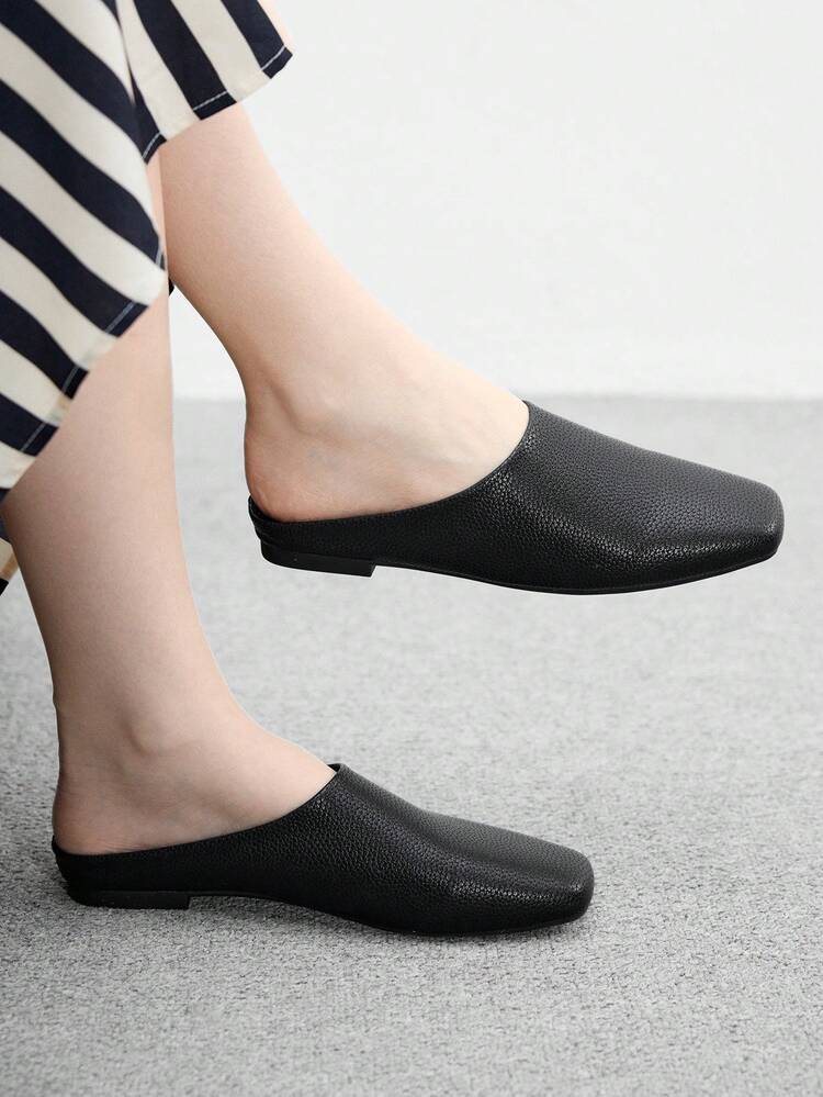 CUCCOO BIZCHIC Zapatos planos de mujer con punta cuadrada y sin talón, nuevos mocasines estilo británico vintage sin talón en color negro, cómodos zuecos planos