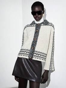 Lumivelle 杏色和黑色提花休闲宽松开衫，秋冬针织开衫，女士开衫毛衣，女士秋季服装，冬季服装，女士毛衣 - 白色 - 查看 5