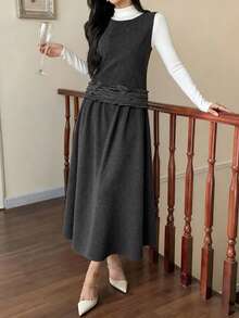 DAZY 2pcs Women Solid Color Loose Woolen Suit, Round Neck Sleeveless Vest With Ruffle Decor & A-LiSkirtirt, Elegant For Autumn/Winter - Grey - View 4