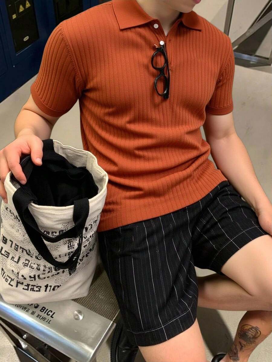 Manfinity Homme 男士精致罗纹 Polo 衫，复古风格 - 咖啡棕 - 查看 1