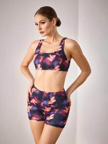 Menodora SHEIN Sport 女式扎染印花短款背心和骑行短裤运动套装 - 紫色 - 查看 4