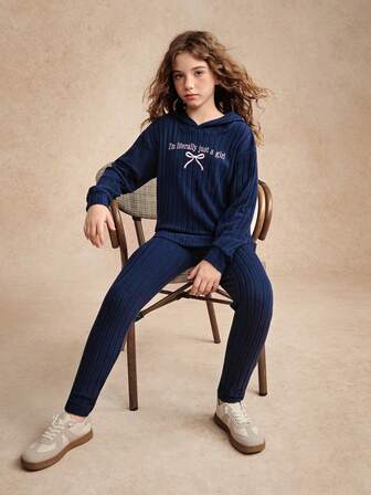 Reset Phase 2pcs/Set Tween GirlsRibbed Hoodie Top With Asymmetrical Hem And Leggings