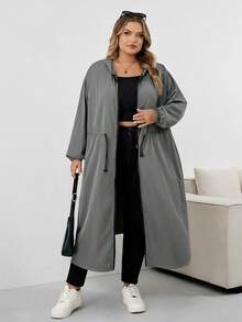 SHEIN CURVE+ Women's Solid Drawstring Hooded Waterproof Long Sleeve Trench Coat Plus Size Hooded Jacket Plus Size Raincoat Curve Fall Jacket 8xl Women Clothes Plus Size Olive Green Jacketfall Clothes For Women,Winter,CURVE PLUS Autumn/Autumn /Winter