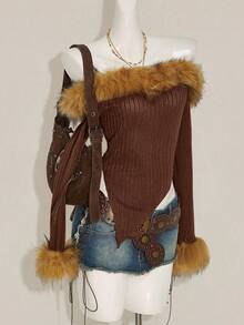 SHEIN ICON 秋季女式西部波西米亚风复古棕色蓬松外出纯色毛绒拼接露肩长袖不对称下摆时尚衬衫 - 摩卡棕 - 查看 3