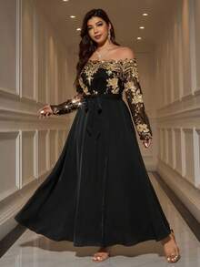 Gownix 大码优雅派对亮片拼接露肩连衣裙 - 金色 - 查看 3