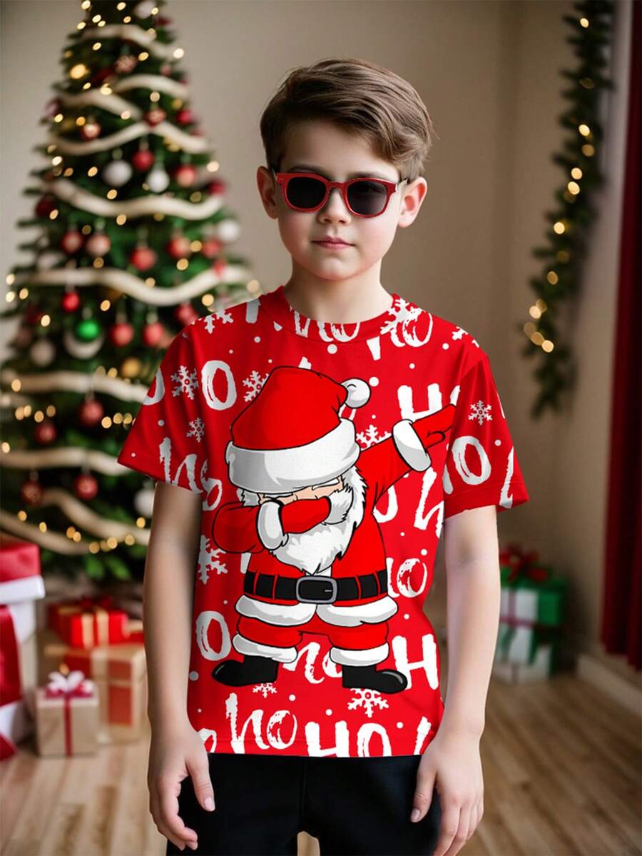 Camiseta de manga corta de cuello redondo minimalista casual para adolescentes, adecuada para otoño/invierno, con diseños clásicos navideños - Papá Noel, árbol de Navidad, muñeco de nieve, regalos de Navidad, reno de Navidad, copos de nieve de Navidad, gráfico navideño, ideal para Navidad - Multicolor - Ver 1