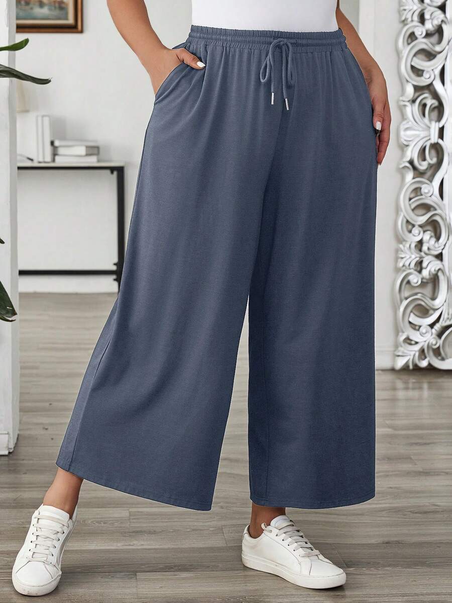 EMERY ROSE 大码女式纯色抽绳阔腿宽松休闲夏季裤，适合度假、波西米亚风、夏季穿着 - 深色水洗藍 - 查看 1