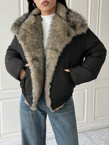 SHEIN EZwear 女士时尚毛绒填充大衣，黑色，秋冬 - 黑色 - 查看 4