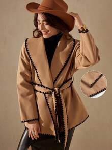 Wildy 女士休闲撞色人字纹长袖羊毛大衣配腰带秋冬女装 - 摩卡棕 - 查看 6