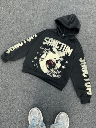 Street Life Herren Hoodie mit verschwommenem Figurenprint, locker geschnittener Kurzstil