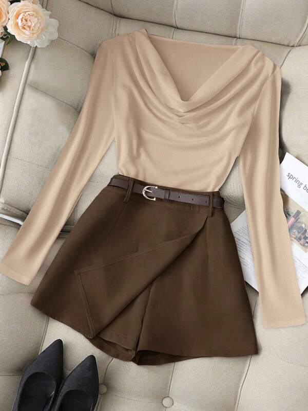 Franclia 2 piezas Conjunto de top de manga larga de cuello redondo holgado y shorts casuales para mujer