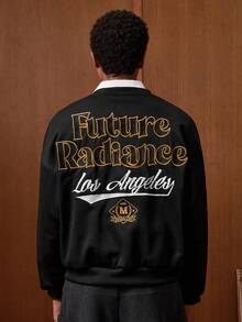 SWAVVY Men's Casual Slogan Embroidered Round Neck Drop Shoulder Long Sleeve Pullover Sweatshirt, Autumn/Winter - Black - View 2