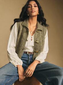 Poéselle Women's Casual Loose Knitted Vest With Horn Button Design, Autumn/Winter Women Western Clothes Women S Western Clothing - Army Green - View 6