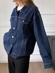 DAZY 女式秋季休闲落肩单排扣牛仔夹克 - 深色水洗藍 - 查看 5