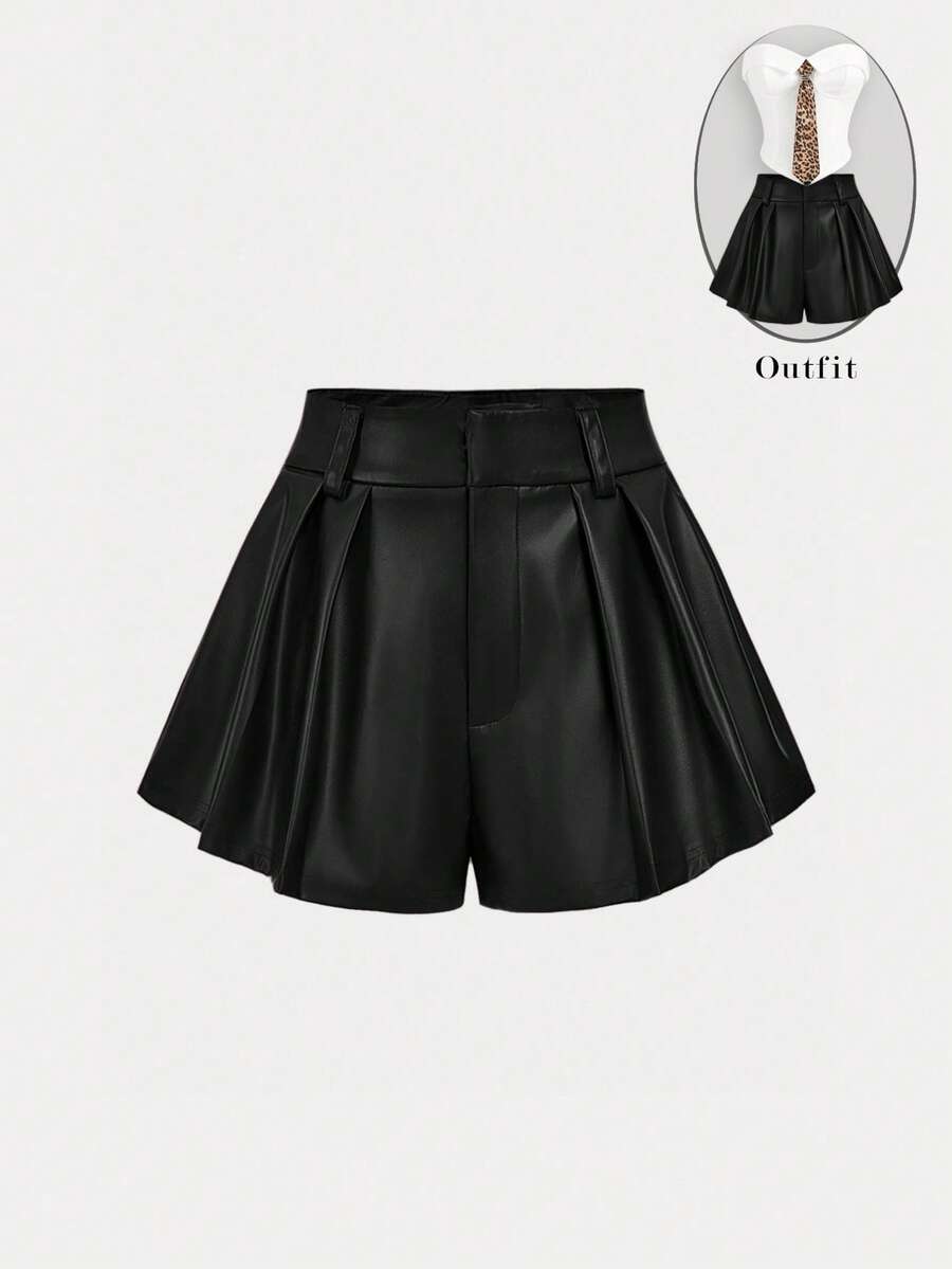 SHEIN MOD 时尚百搭的黑色褶皱PU阔腿短裤，适合通勤 - 黑色 - 查看 1