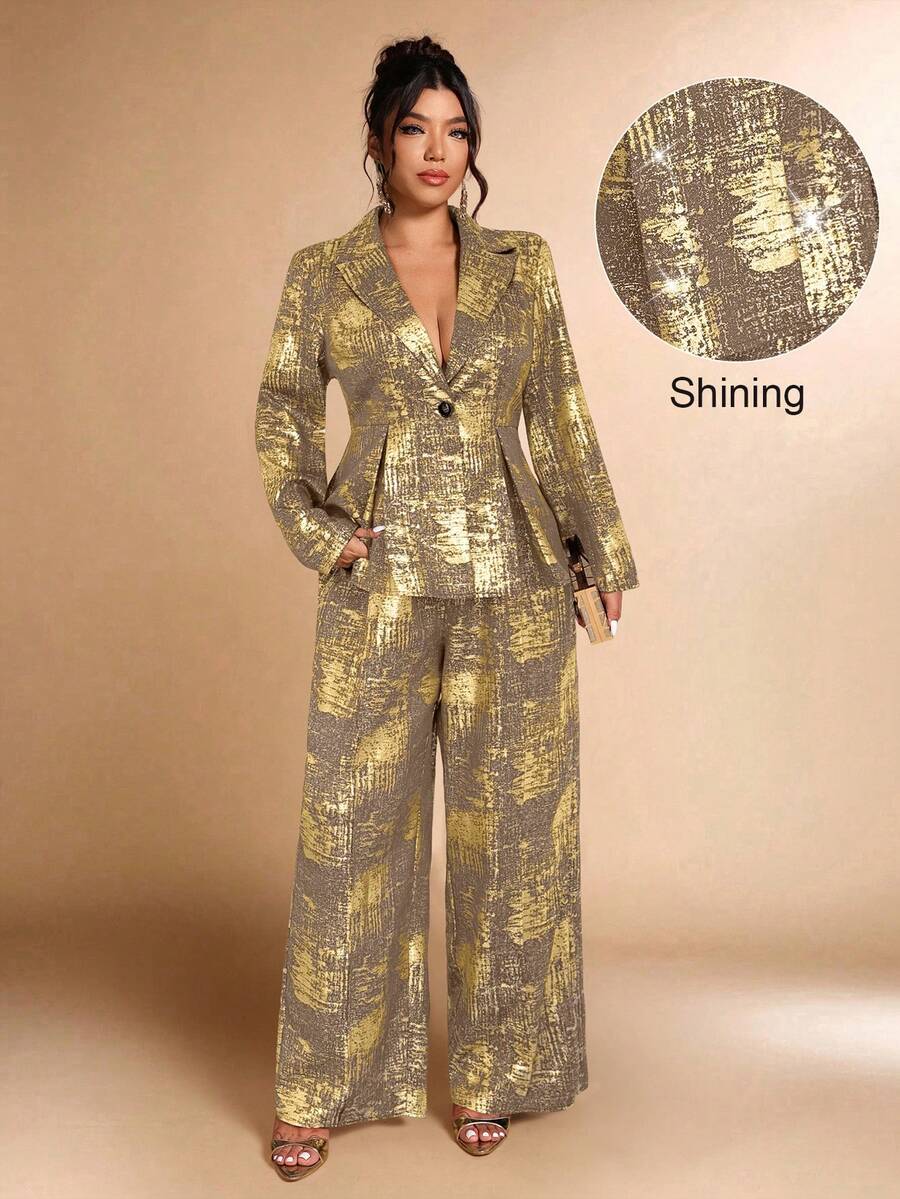 Cravure 大码女士金属箔优雅套装,适合派对和办公场合,秋冬季 - 棕色 - 查看 1
