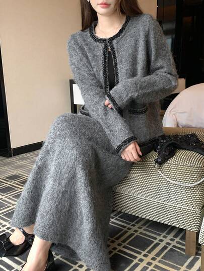 DAZY Women's Contrast Color Cardigan And Skirt Knit 2 Pieces Set